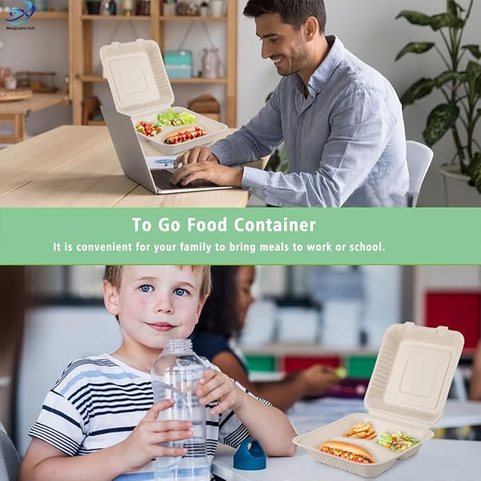 Compostable Take Out Food Container 9x9 Biodegradable 3-Compartment Clamshell To Go Container with Hinged Lid Heavy Duty Togo Disposable Box For Pasta Salad Sandwich Carryout Meal