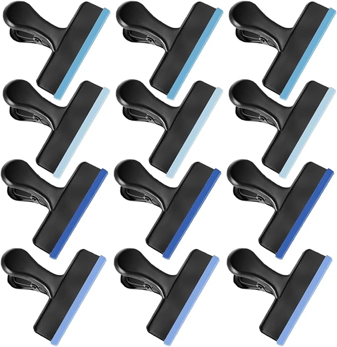 HOUSE AGAIN 12 Pack Stainless Steel Chip Bag Clips Covered with Blue Silicone - NO More Sharp Edges - Color Coded for Food Bags - Air Tight Seal, Heavy Duty for Kitchen and Office, 3 Inches-Black