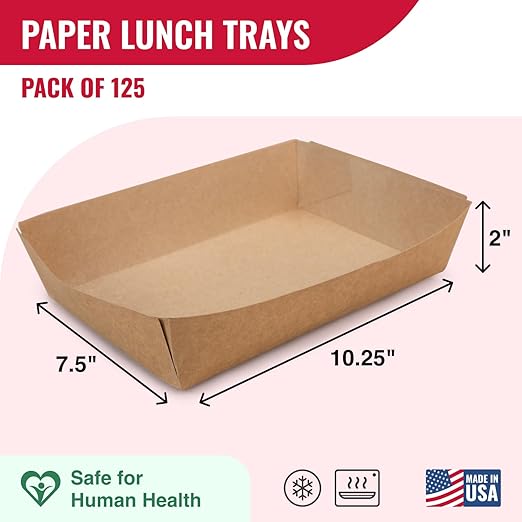 IDL Packaging 10.25" x 7.5" x 2" Kraft Paper Lunch Trays (Pack of 125) - Food-Safe Poly Coated for Extra Moisture Resistance - Proudly Made in USA - Tray for Fries, Burgers, and Appetizers