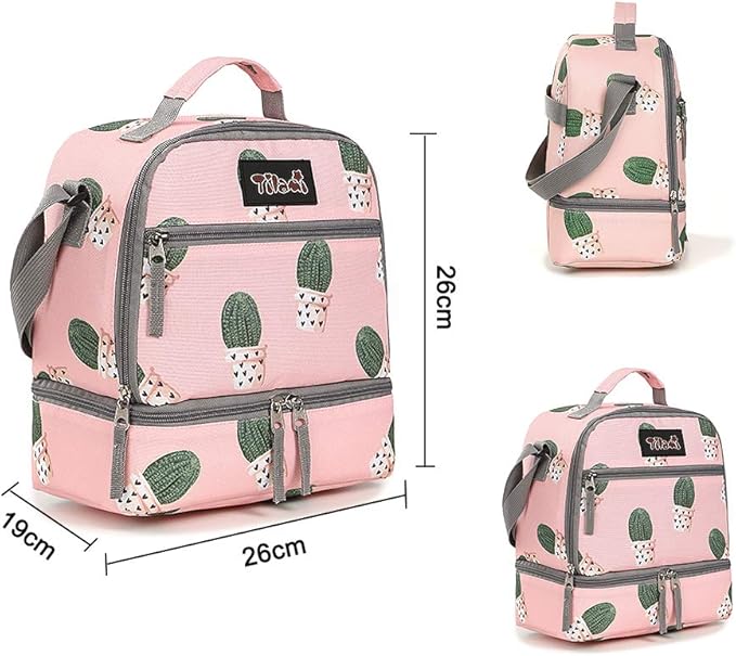 Tilami Lunch Bags Insulated Adjustable Strap Zipper, Two Compartments Cooler Bags, Bento Bags for Kids Toddlers, Cactus