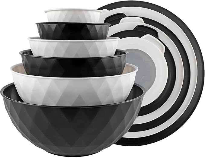 COOK WITH COLOR Mixing Bowls with Lids - 12 Piece Plastic Nesting Bowls Set includes 6 Prep Bowls and 6 Lids, Non Slip Bottom and Diamond Design - Microwave Safe (Mint)