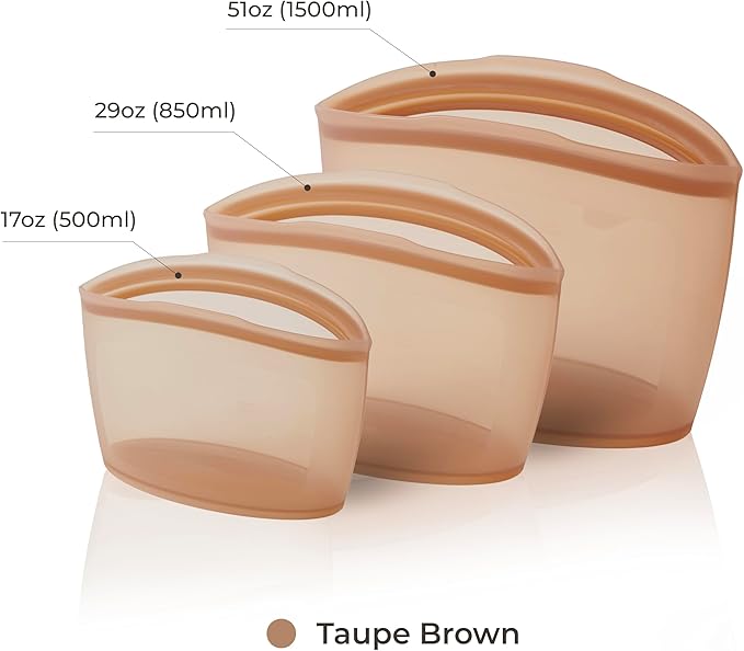 Platinum Silicone Food Grade Reusable Storage Bag, 3set Leak-Proof Airtight Seal, BPA-Free, Microwave, Freezer & Dishwasher Safe, Heat Resistant Sous Vide,Silicone Snack Bags, Taupe Brown