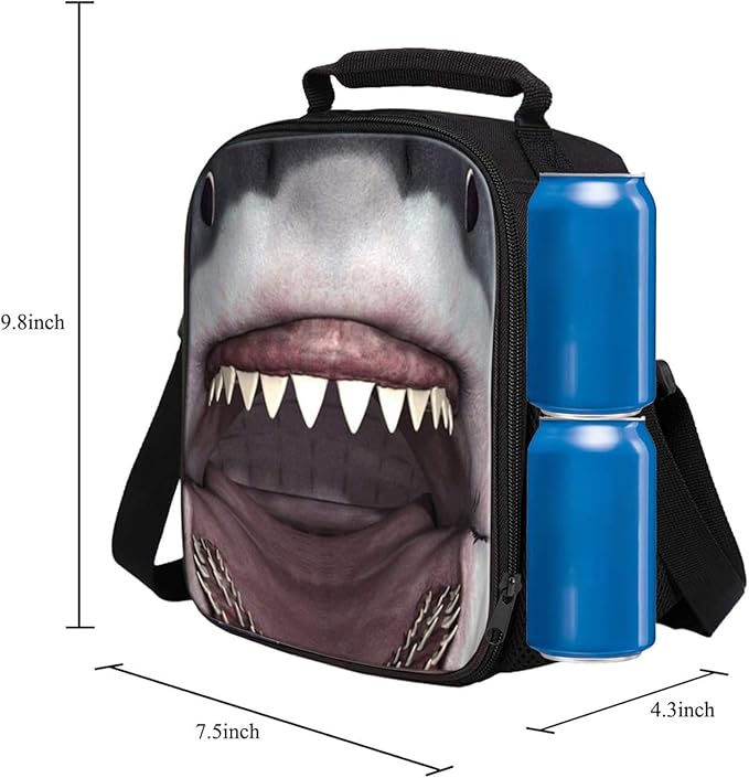 7-Mi KIds Insulated Lunch Bags For Food Children 3D Shark Lunch Tote Box Meals With Shoulder Adjustable Strap And Water Bottle Holder