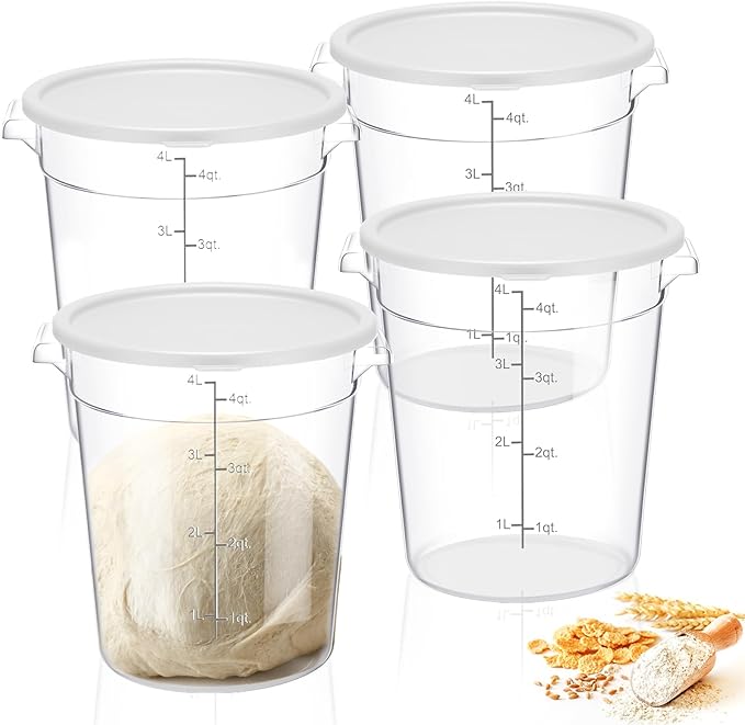 Suclain 4 Pcs 4 Qt Food Storage Container Bucket with Lids Clear Proofing Containers for Dough Rise Bread with Scale Handle Round Flour Commercial Storage Bucket for Home Restaurant Food