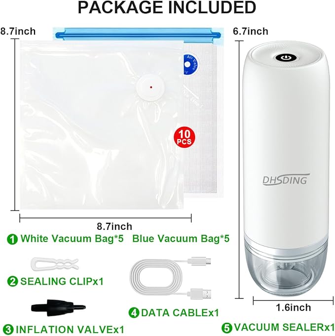 Vacuum Sealer - Handheld Vacuum Sealer Machine for Food, Portable Food Storage with 10 Seal Bags, Sous Vide Friendly