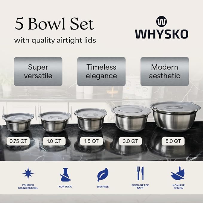 WHYSKO® Stainless Steel Mixing Bowls With Lids Plus Stainless Steel Whisk, Potato Masher and Grater Lids, 5 Nesting Mixing Bowls And Kitchen Tools for Meal Prep, Cooking, Baking, Serving, Food Storage