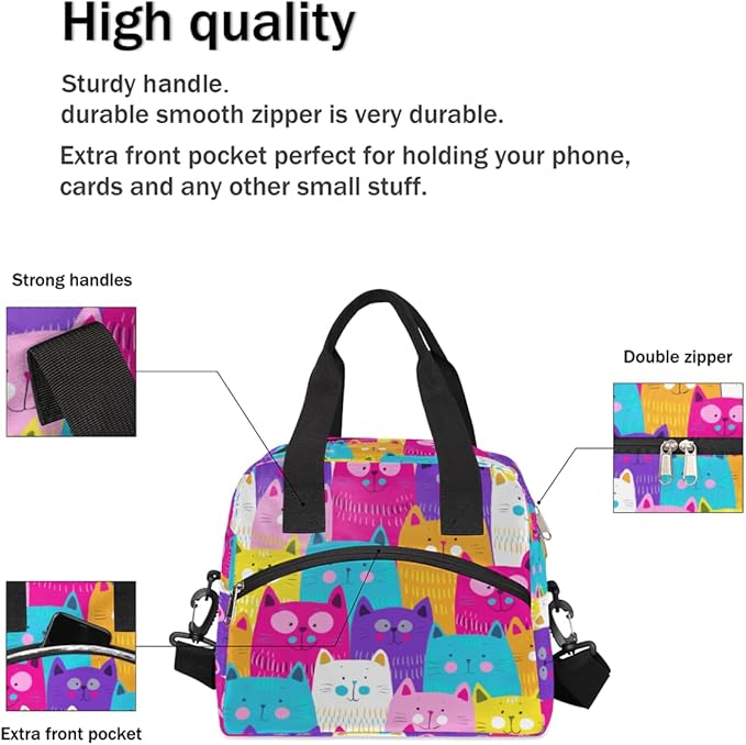 Pardick Insulated Lunch Bag for Women Men Large Cute Rainbow Cat Head Thermal Cooler Lunch Box Durable Tote Bag with Adjustable Shoulder Strap for Work School Office Travel Girl Boy Meal Prep Bag