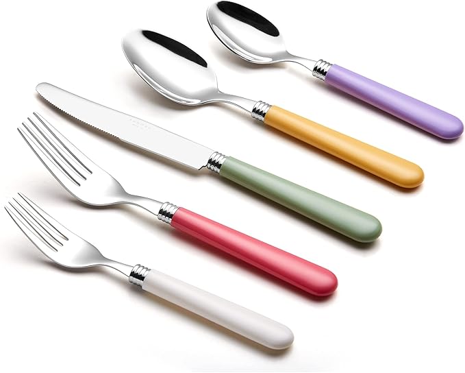 ANNOVA Silverware Set 20 Pieces Stainless Steel Cutlery Color Handle Flatware - 4 x Dinner Knife; 4 x Dinner Fork; 4 x Salad Fork; 4 x Dinner Spoon; 4 x Dessert Spoon (Mix Color)