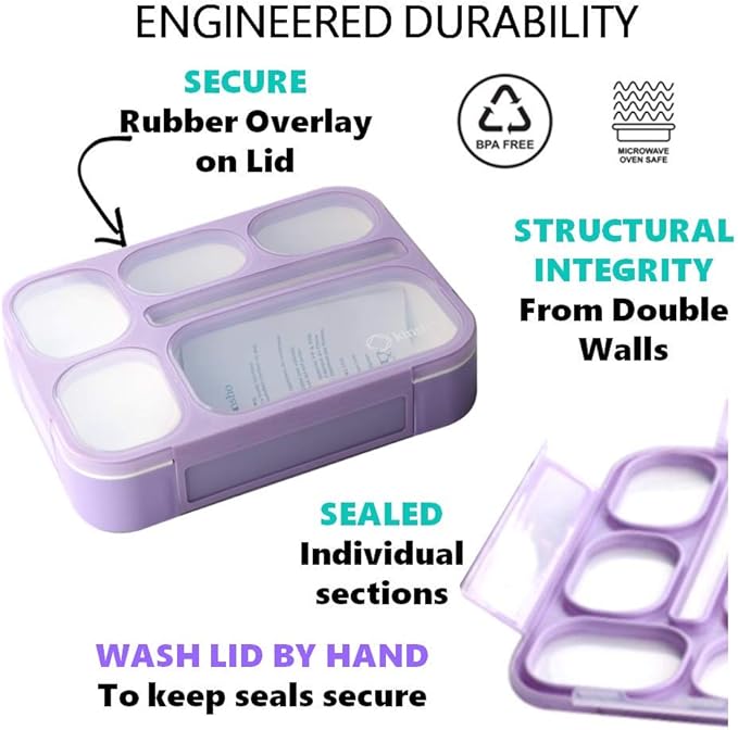Bento Box with Bag and Ice Pack Set for Kids. Lunch Boxes Snack Containers for Boys Girls Adults. 6 Compartments, Leakproof Portion Container Boxes Insulated Bags for School Lunches, BPA Free, Lilac