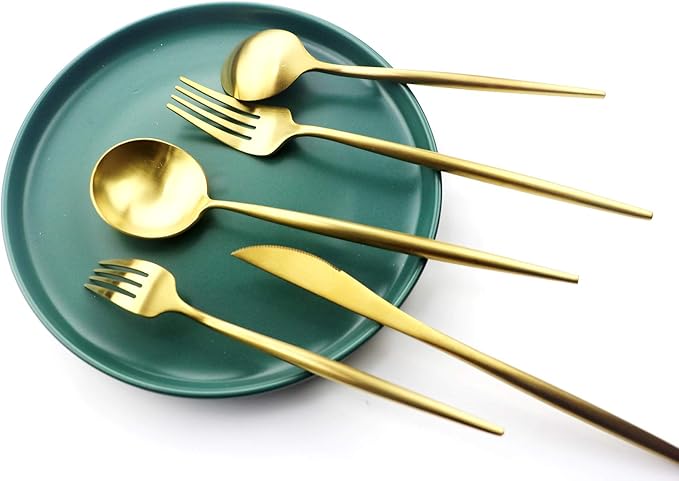 5 Pieces Matte Gold Handle 18/10 Stainless Steel Silverware Set, Flatware Set Titanium Cutlery Set, Utensils Set for Home Restaurant, Dishwasher Safe (Full Gold)