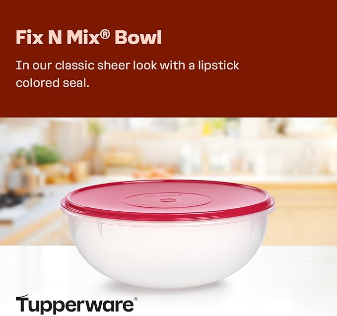 Tupperware Fix-N-Mix 1.7 Gallon Mixing Bowl, Clear with Lipstick Colored Airtight Lid, Dishwasher Safe and BPA Free (6.5 L)