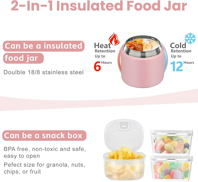 2-In-1 Soup Thermo for Hot Food Kids, 15 Oz Insulated Food Container and a Snack Box, Wide Mouth, Leak Proof, Stainless Steel Spoon, Dishwasher Safe Food Thermo Set for School, Work, Travel, Pink