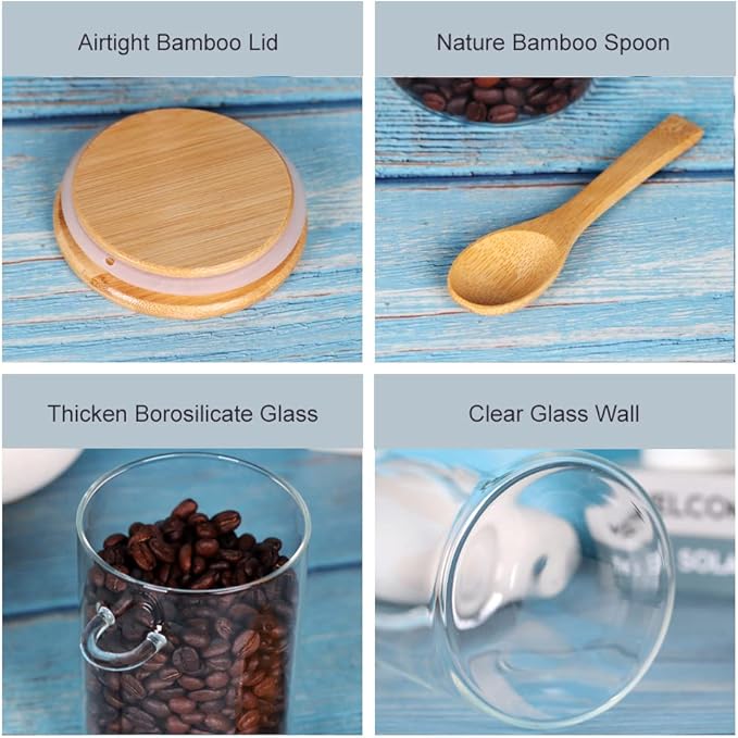 Set of 8 Glass Jars with Bamboo Lids and Spoons, 10 OZ Airtight Small Glass Tea Containers for Loose Tea, Coffee and Sugar Glass Container for Yogurt Jars with Lids