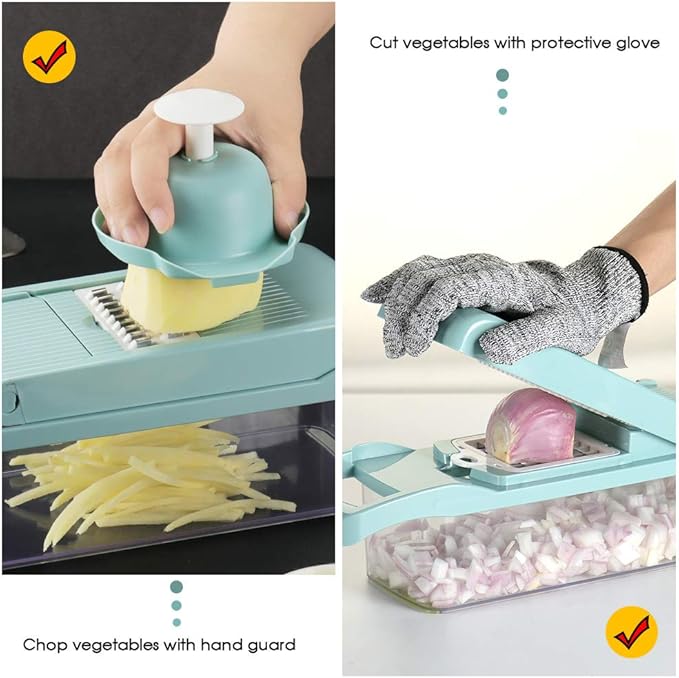 Vegetable Chopper, Cambom Multifunctional Vegetable Cutter Onion Chopper Mandoline Slicer Dicer with Colander Basket and Container 8 Interchangeable Blades