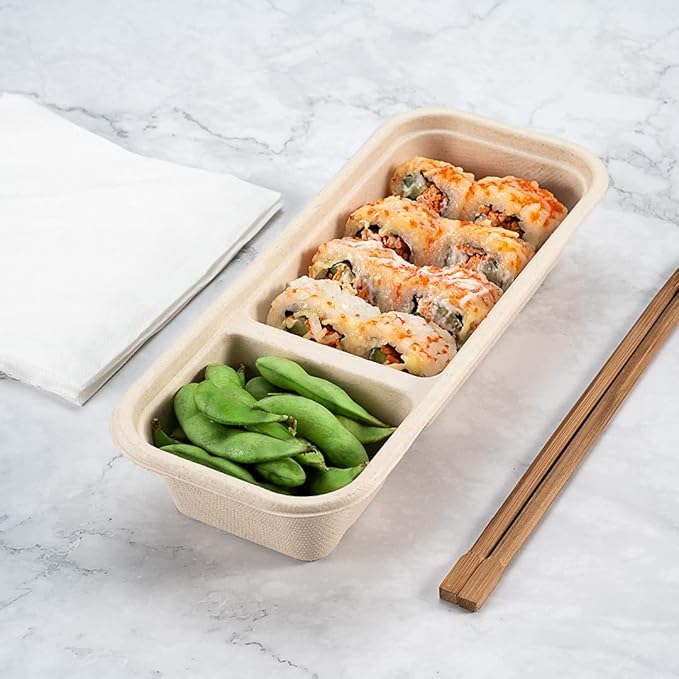 Restaurantware Pulp Tek 9.2 x 3.8 x 1.8 Inch Takeaway Food Boxes 100 Microwavable Take Out Containers - Lids Sold Separately Freezable Bagasse Catering Food Containers 2 Compartments 17 Ounces