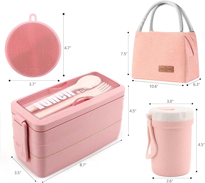 Bento Box Japanese Lunch Box Kit Leakproof Bento Lunch Box for Kids Adults Wheat Straw 3 Layer Stackable Lunch Containers with Compartment Eco-Friendly Meal Prep Containers (Pink)