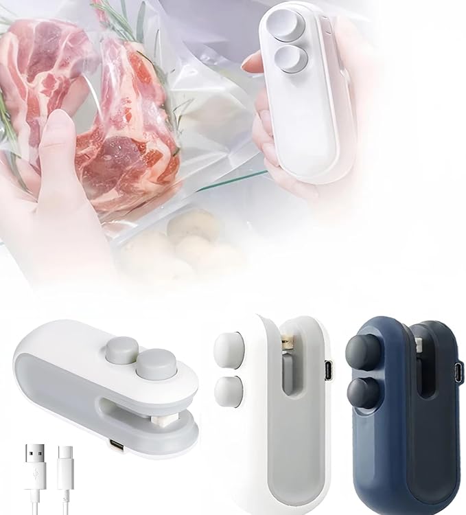 Mini Bag Sealer 2 Pack Bag Sealer with Cutter and Magnet 2 in 1 Mini Bag Resealer Machine Portable Handheld Rechargeable Heat Vacuum Food Sealer for Plastic Bags Snacks & Food Storage (2, white&blue)