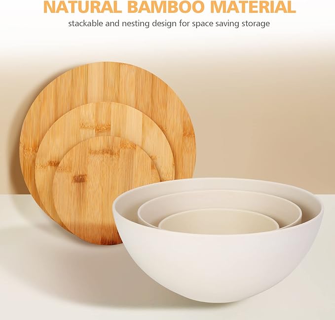 ShineMe Salad Bowl with Lid, Natural Bamboo Fiber Serving Bowls Set of 3 with Bamboo Wood Lids, Beige Mixing Bowls Set for Preparing, Storing and Serving Salad Fruit Chips Bread(10",8",6")