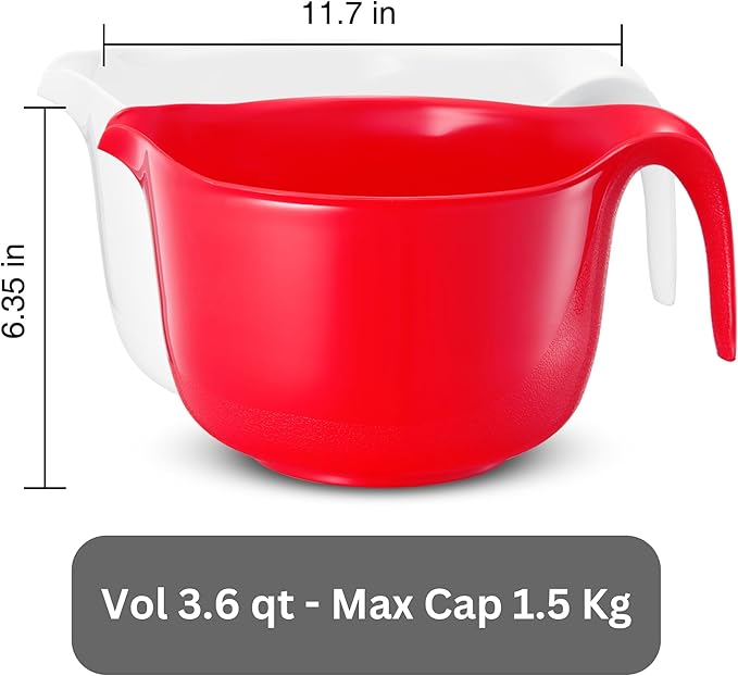 2 Pcs Large Mixing Bowls with Handles, 3.6 qt - Plastic Nesting Bowls for Kitchen, Lightweight Batter Bowls, Easy to Clean, White & Red