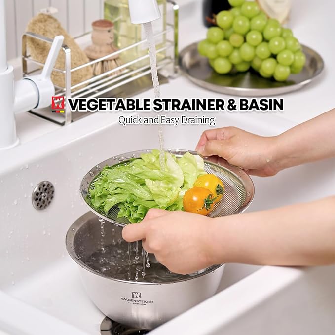 Stainless Steel Mixing Bowl Set (3-Piece) – Multifunctional Food Prep & Baking Tools with Strainer and Serving Tray, Oil Drain Tray, Nesting Storage, Easy Measurement Marks (8.66 Inch)