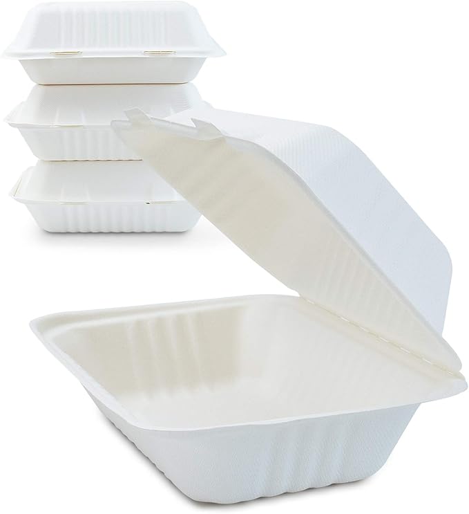 Green Earth 9x6x3 inch, 125-Count, 1-Compartment, Compostable Clamshell, Natural Bagasse (Sugarcane Fiber), Take-Out Food Boxes - Biodegradable Containers, Hinged Lid Microwave-Safe Gluten-Free