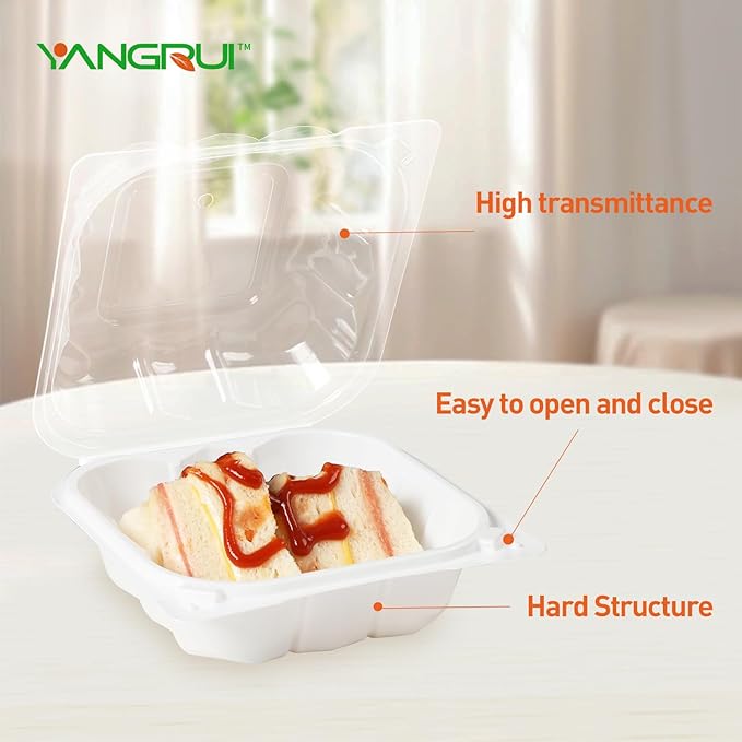 YANGRUI To Go Containers, Reusable Anti-Fog Shrink Wrap 55 Pack 6 Inch 15 OZ White Plastic Burger Boxes BPA Free Microwave Freezer Safe Hinged Clamshell Take Out Container