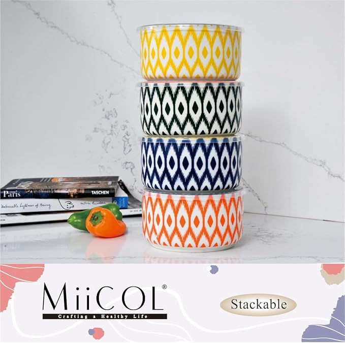 Miicol Ceramic Bowls with Lids Set of 4, Food Storage Containers 20 Oz, Porcelain Serving Bowls 5 Inch, Colorful Mixing Bowl, Kitchen Bowl for Meal Prep, Picnic, Lunch