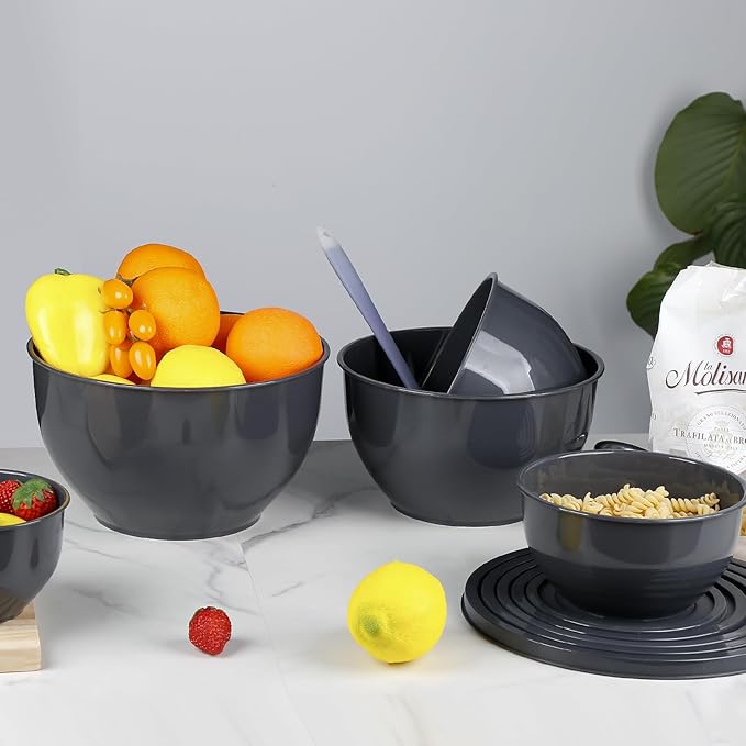5-Piece Plastic Mixing Bowls with Lids Set for Kitchen, Nesting Bowls for Mixing, Baking, Prepping, Cooking and Serving Food, Grey Mixing Bowls Dishwasher, Microwave Safe