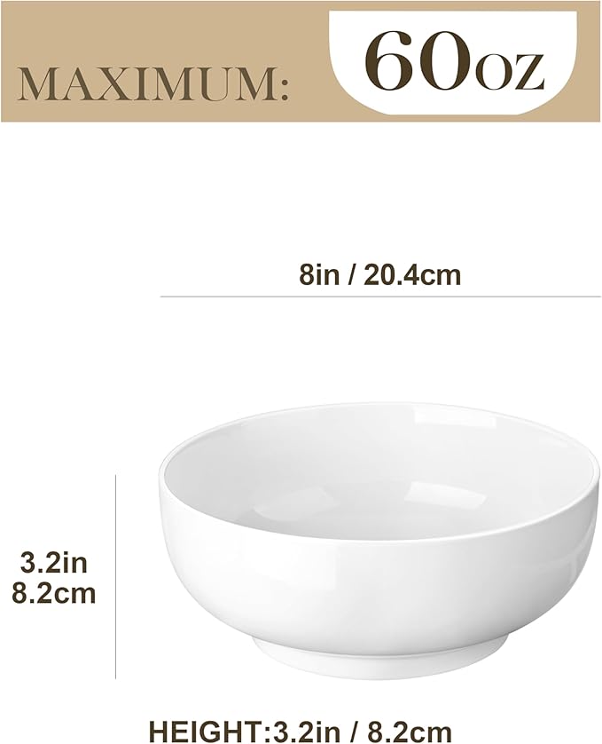 MALACASA Large Serving Bowls - 60 OZ (8") Salad Bowls Set of 2, White Mixing Bowls for Kitchen, Soup, Pasta and Dinner, Large Salad Bowls Set, Dishwasher & Oven Safe, Series REGULAR