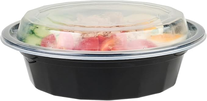 Restaurantware Asporto 16 Ounce To Go Boxes 100 Microwavable Take Out Food Containers - Clear Plastic Lids Included Do Not Contain BPA Black Plastic Catering Food Containers Disposable Round