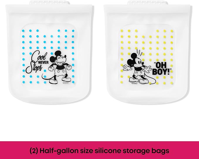 Pyrex Platinum Silicone Food Grade Reusable Storage Bag, Bundle 4-Pack Large and Small | Mickey Mouse | Eco-Friendly | Cook, Store, Sous Vide, or Freeze | Dishwasher, Freezer, and Microwave Safe