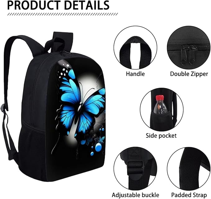 Dolyues Blue Butterfly Print 17 Inch Student Backpack, Bento Lunch Bag & Zipper Pencil Holder - Spacious & Trendy for Teen Girls