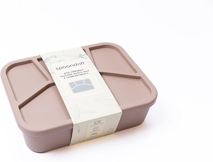 Spoondrift 100% Food Grade Eco-Friendly Leak-Proof Silicone Bento Box Lunchbox, Microwave Safe | For Child And Adult, 4 Compartment, Choose from 6 Colors, Includes 1 Box (Sand)
