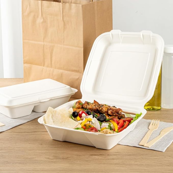 Restaurantware Pulp Safe No PFAS Added 32 Ounce Clamshell Boxes 100 Disposable Containers - Home Compostable Microwavable And Freezable White Bagasse Containers Built-In Hinged Lid And Tab Lock