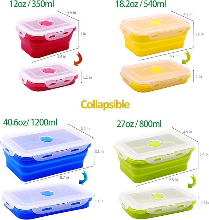 Set of 4 Collapsible Silicone Food Storage Containers With Lids,Leftover Meal Box For Kitchen, Microwave,Dishwasher and Freezer Safe, Foldable Bento Lunch Boxes, BPA Free