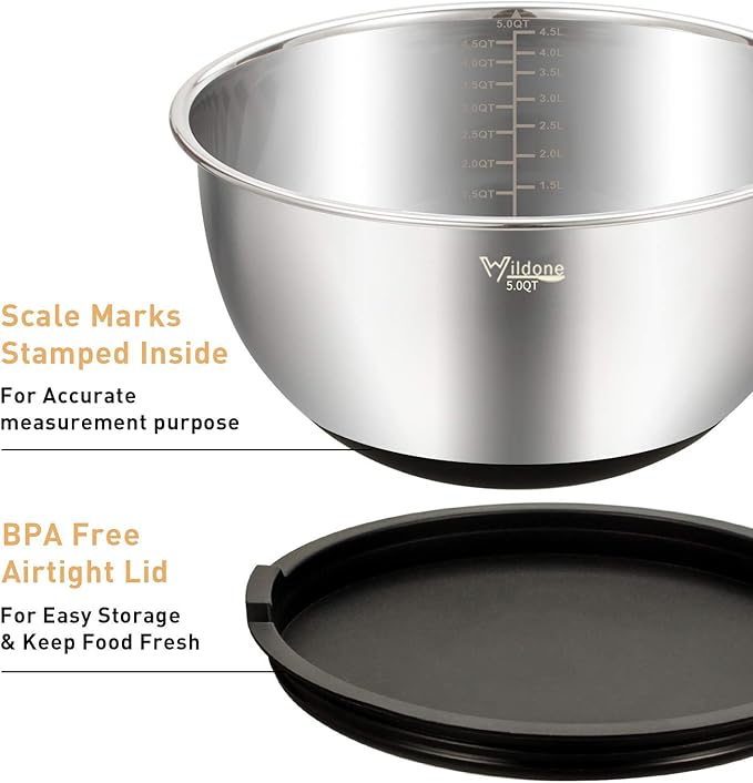 Wildone Mixing Bowls with Lids Set, 5PCS Stainless Steel Nesting Bowls with 3 Grater Attachments, Measurement Marks & Non-Slip Bottoms, Size 5, 3, 2, 1.5, 0.63 QT, Great for Mixing & Serving