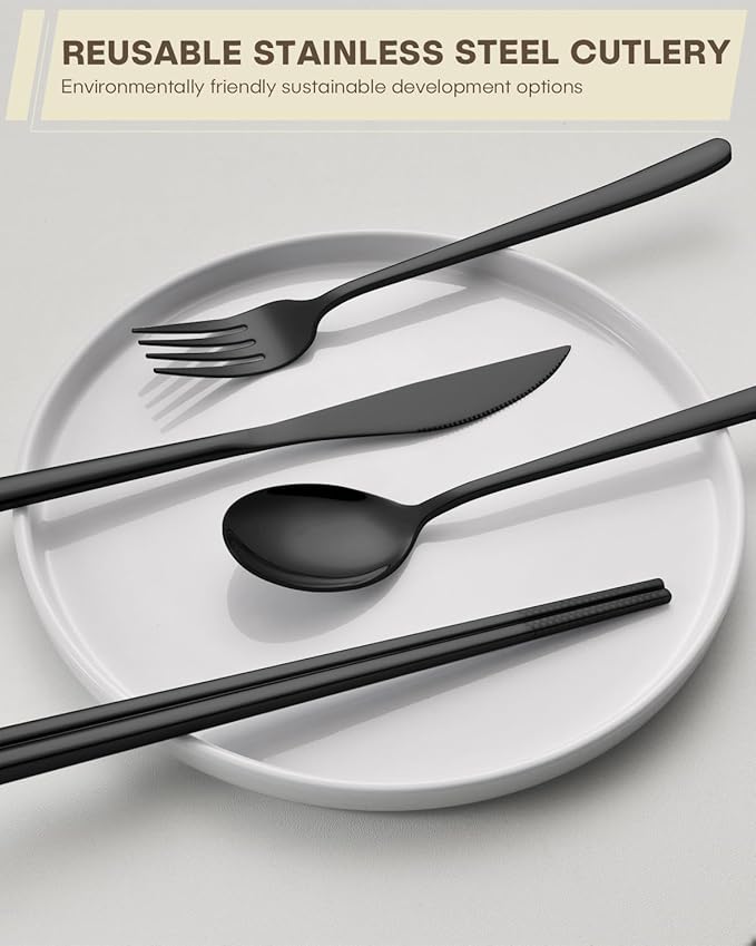 Travel Utensils with Case, PHILIPALA 2 Sets 18/8 Stainless Steel Reusable Utensils Set with Case, Travel Cutlery Set with Knife Fork and Spoon Chopsticks Set for Lunch Work Camping (Black, Black)