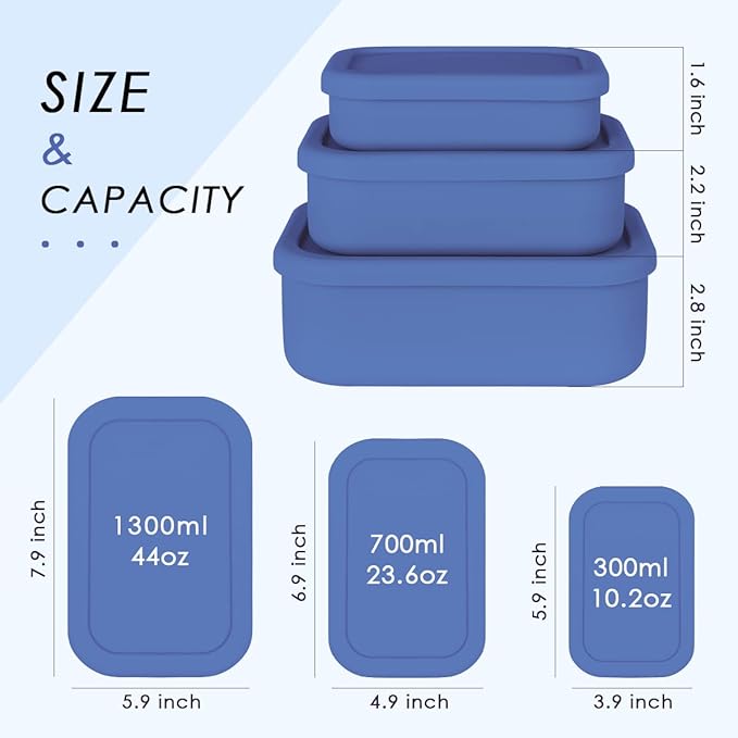 Silicone Food Storage Containers, Set of 3 Rectangular Bento Lunch Box Containers with Lids, Hard-Shell Silicone, Airtight, Microwave, Dishwasher and Freezer Safe (10oz, 23.6oz, 44oz)
