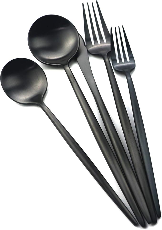 24-Piece Matte Black Handle 18/10 Stainless Steel Silverware Set, Titanium Black Cutlery, Flatware Set for Home & Restaurant, Dishwasher Safe