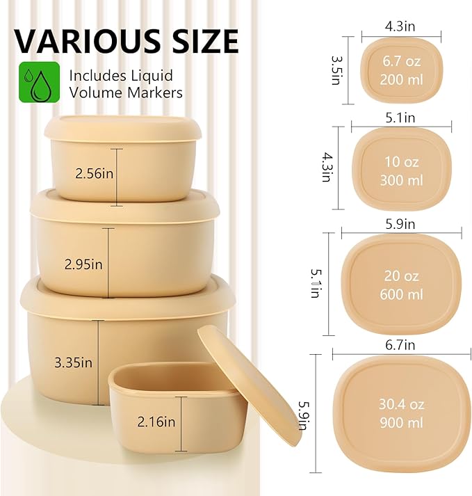 4Pcs Silicone Food Storage Containers with Lids,BPA Free Reusable Silicone Storage Containers for Food Freezer Dishwasher Safe (33.8oz, 20oz, 10oz, 6.7oz)(light yellow)
