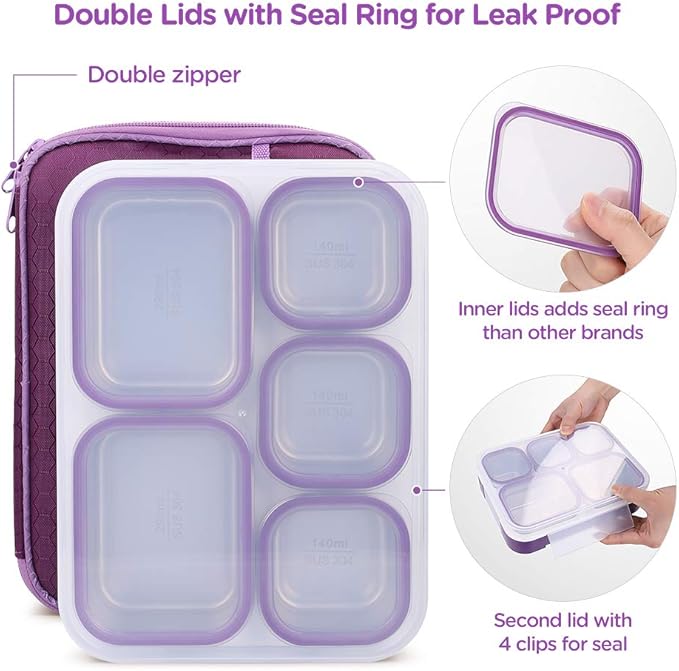 DaCool Stainless Steel Kids Bento Lunch Box Leak Proof BPA-Free School Lunch Container 5-Compartment with Lunch Bag and Fork for Toddler Child Adult, Food Snack Container for Picnic Outdoors,Purple