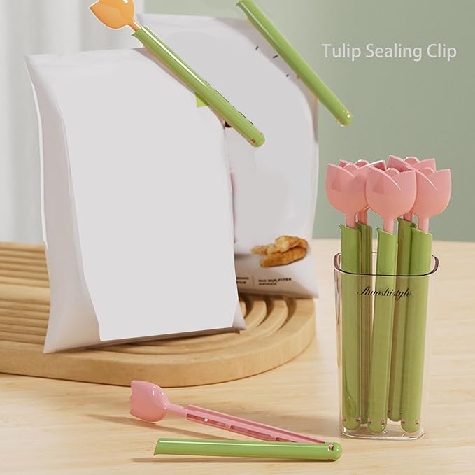 15Pcs Food Sealing Clip,Creative Beautiful Tulip Flower Floral Shape Sealing Clip with Magnetic Storage Box for Refrigerator, Food Clips Chip Clips