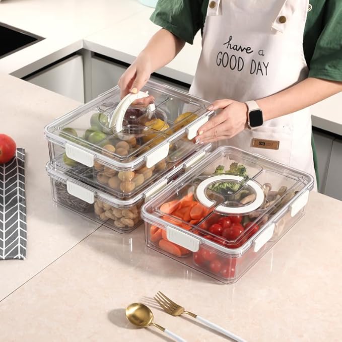 JOSUCLEN Salad Bar Containers for Fridge, Extra Large Divided Serving Tray with Lid Clear, Charcuterie Snack Box Container Portable, Veggie Tray, Travel Charcuterie Board with Lid