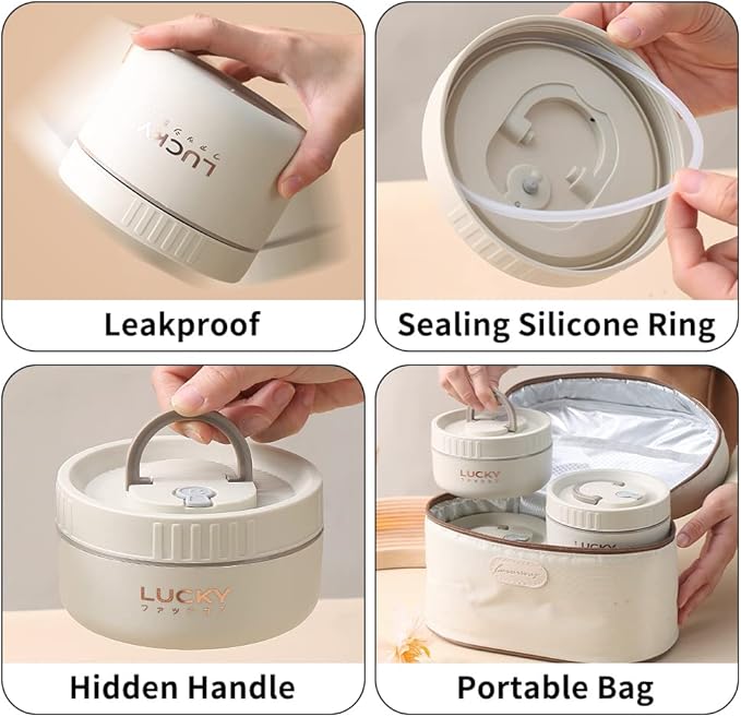 VANDHOME Bento Box Adult Lunch Box Set, Portable Keep Warm Lunch Container With Insulated Bag, 18/8 Stainless Steel Thermal Food Container, Induction Cooker & Microwave Safe (Beige 4Pcs 68oz)
