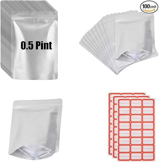 0.5 Pint Kitchen Storage Bags Fresh Saver Mylar Bags with Labels, Stand Up Mylar Bag Resealable and Heat Sealable for Long Term Food Storage,Thick 4.75 Mil, 5"x7" (50Pack-0.5Pint)
