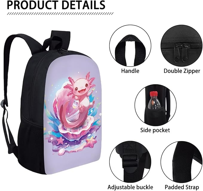 Dolyues Cute Axolotl Cute Girls' Backpack Set with Lunch Box and Pencil Case - Ideal for Teens, Kids, and College Students - Perfect for Elementary, Middle, and High School
