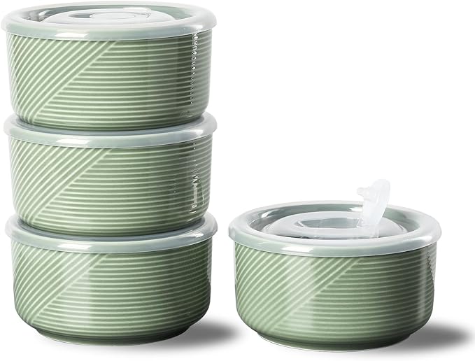 Ceramic Bowls with Lids: 20 oz Microwave Safe Food Storage Containers for Soup, Salad, Cereal, Leftovers, Meal Prep, Lunch, Picnic, Camping, Serving - Airtight, Green, Set of 4