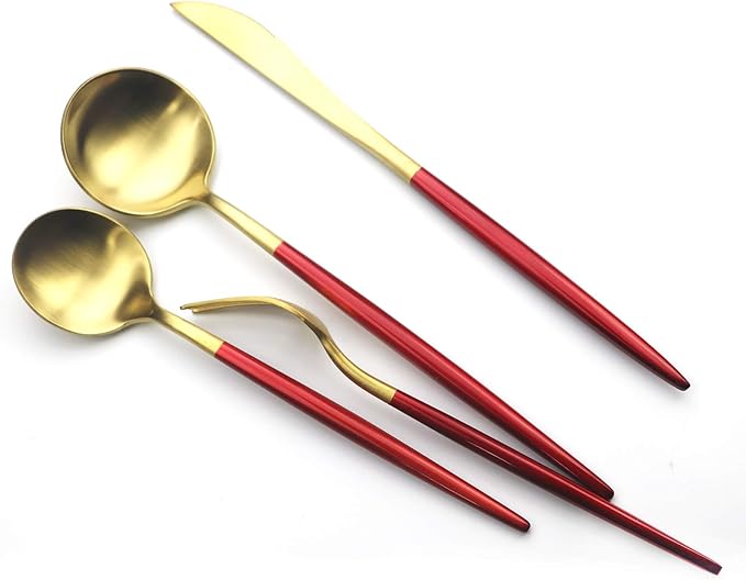 Red Gold Flatware, Royal 20 Pieces Matte White Handle 18/10 Stainless Steel Tableware Sets for 4 Including Forks Spoons Knives, Camping Silverware Travel Utensils Set Cutlery (Red Gold)