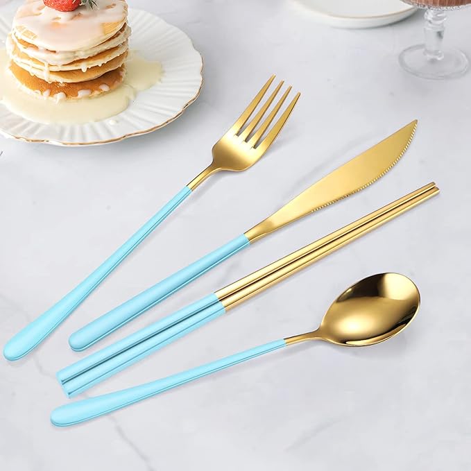 AARAINBOW 6 Pieces 18/8 Stainless Steel Flatware Set Portable Reusable Cutlery Set Travel Utensils Set Including Chopsticks Knife Fork Spoon Straws Cleaning Brush Dishwasher Safe (Light Blue Golden)