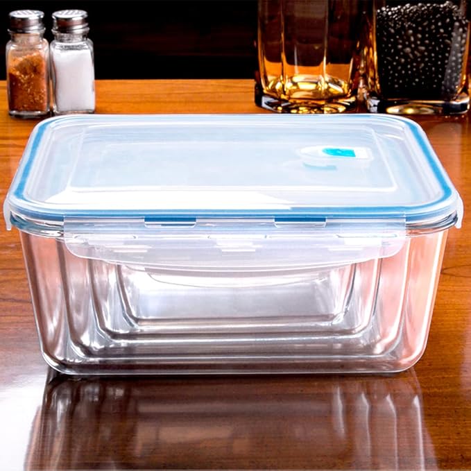 Extra Large Glass Food Storage Containers with Lids, Set-8-Piece Big Size Food Storage Box, Ideal for Storing Food, Vegetables, Fruits, Baking Cake & lot of other Tasty Food (Rectangular)